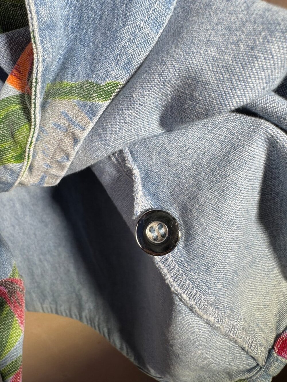 Tropical Floral Chambray Denim Camp Shirt Boxy M - Picture 11 of 11